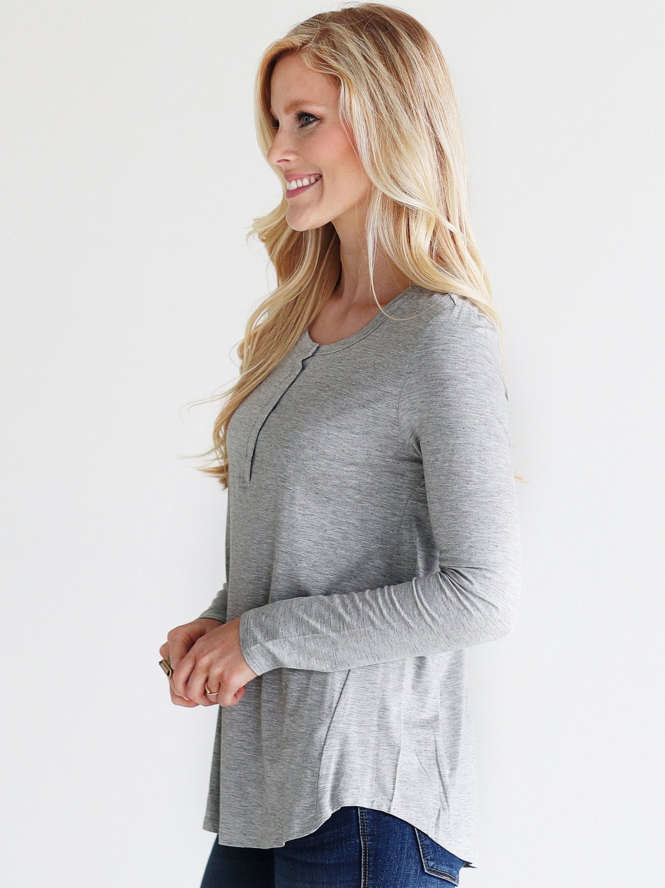 HEATHER GRAY DLMN LONG SLEEVE HENLEY TOP