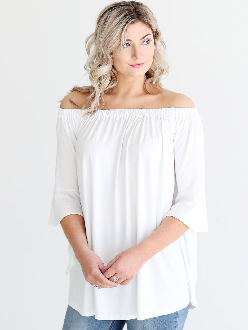 WHITE DLMN OFF-THE-SHOULDER DRAPED SLEEVE TOP