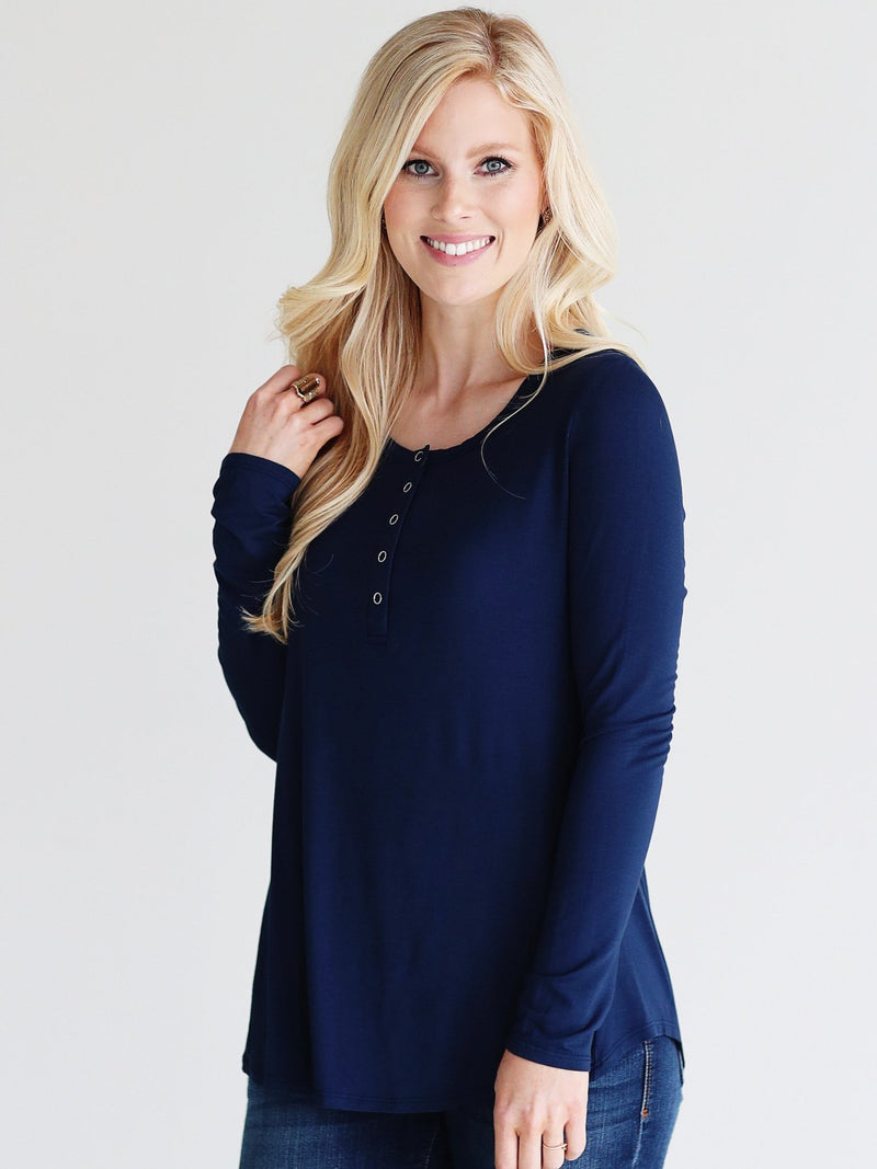 NAVY DLMN LONG SLEEVE HENLEY TOP