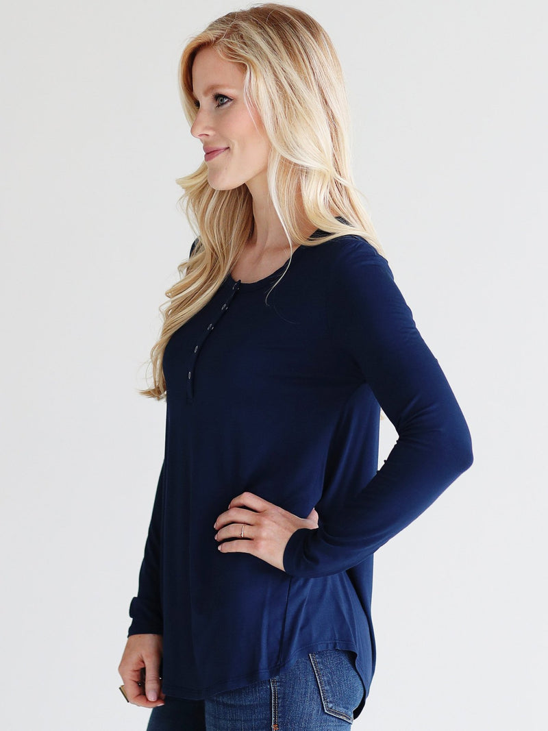 NAVY DLMN LONG SLEEVE HENLEY TOP